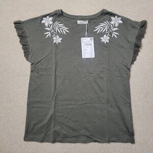 Springfield Women's Olive Green 100% Cotton Embroidered Top, Size Medium NWT